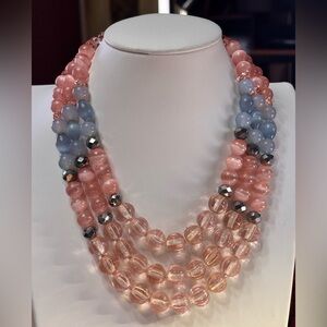 Handmade Pink Blue and Metallic Three Strand Necklace 16 18 and 20 inches each